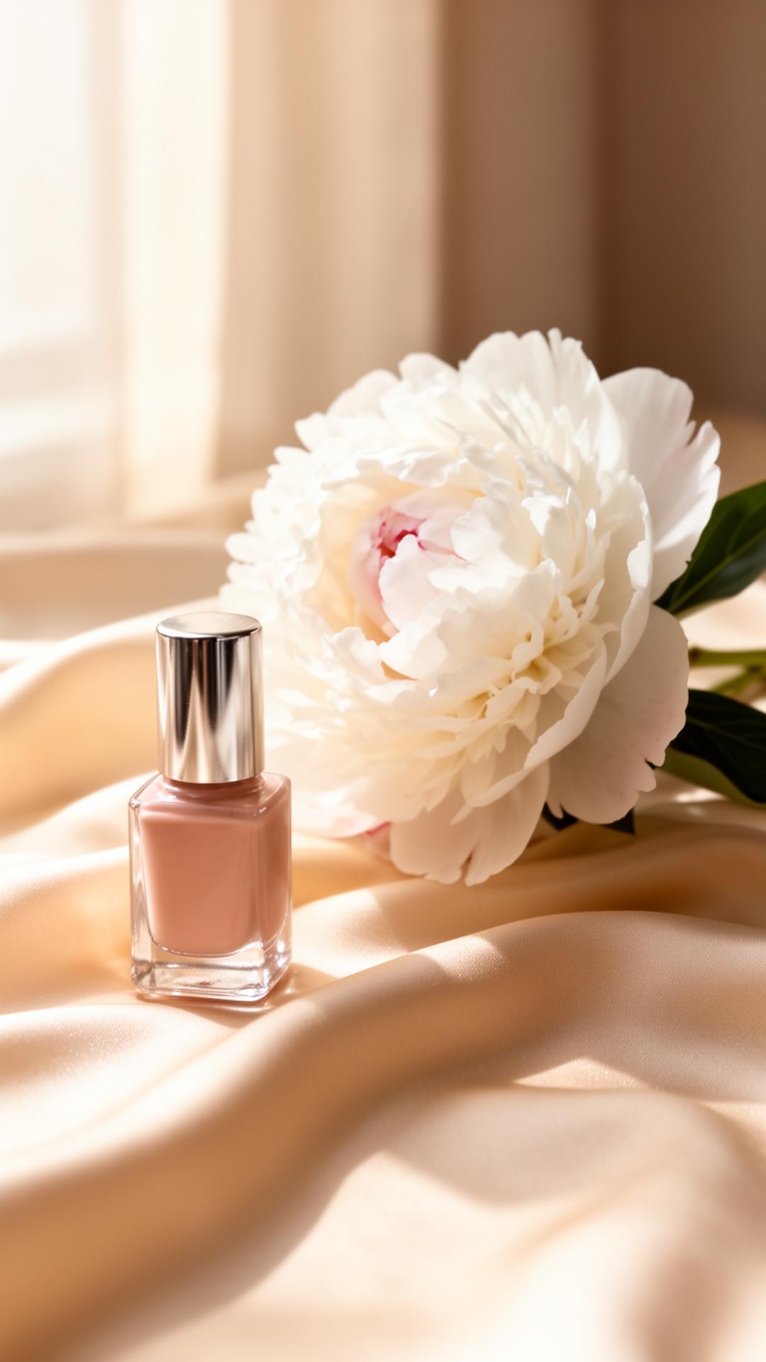 Soft cream silk with peony and nude polish bottle